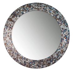 a round mirror with blue and brown mosaic tiles on the bottom, in front of a white background