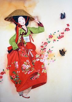 a painting of a woman in a red dress and straw hat with flowers on it