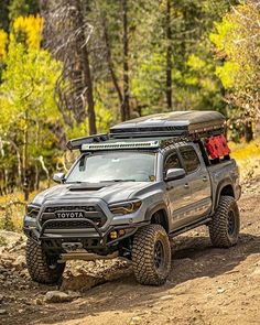 a gray toyota truck driving down a dirt road in the middle of trees and bushes