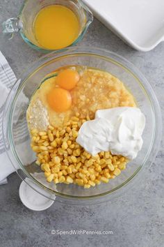 corn, eggs and cream in a glass bowl