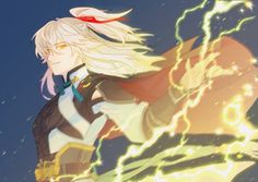 an anime character with blonde hair and blue eyes, holding lightning bolts in her hands