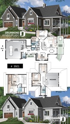 two story house plan with 3 bedroom and 2 bathrooms in the front, an open floor plan