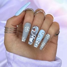 Olaf Nails, Penguin Nails, Blue Christmas Nails, Snowflake Nail Art, December Nails, Winter Nails Acrylic, Snowflake Nails