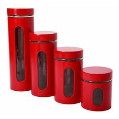 three red canisters sitting next to each other