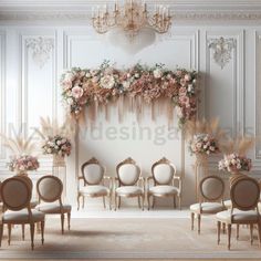 an elegant wedding ceremony setup with chairs and flowers on the wall, chandelier