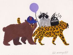 two bears and a raccoon are holding balloons in the air while one bear is wearing a hat