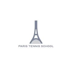 the paris tennis school logo is shown in grey and blue on a white background, with an image of the eiffel tower behind it