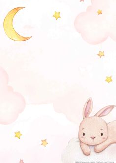 a rabbit is sitting on top of a cloud with the moon and stars above it