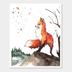 a watercolor painting of a fox standing on top of a hill with trees in the background