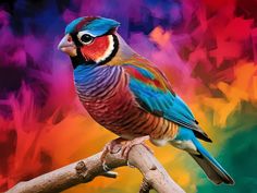 a colorful bird sitting on top of a tree branch in front of a multicolored background