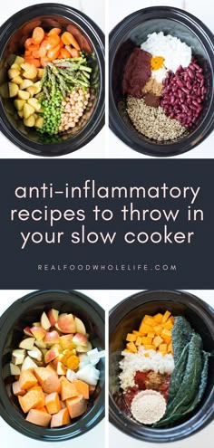 four different types of crockpots with the words easy to prep, anti - inflamatory crockpot recipes