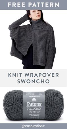 the knitting pattern for knit wrapover swoncho is shown in grey and black