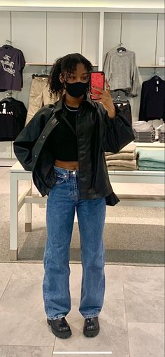 Blue Jeans Black Leather Jacket Outfit, Blue Jeans Leather Jacket Outfit, Black Jeans Leather Jacket Outfit, Leather Jacket And Blue Jeans Outfit, Blue Leather Jacket Outfit Women, Baggy Jeans Leather Jacket Outfit, Mom Jeans And Leather Jacket Outfit, Jeans With Platform Boots, Sweat Pants Leather Jacket Outfit