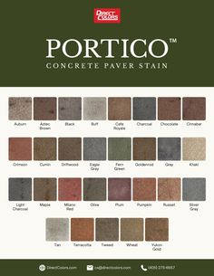 the color chart for portico's concrete paver stain, which is available in various