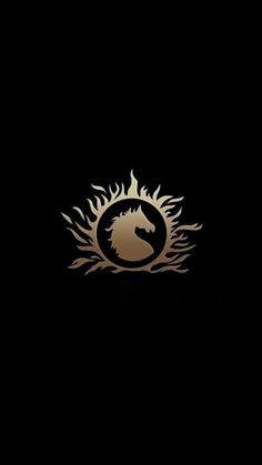 a black background with a gold horse logo on the bottom right corner and flames in the middle