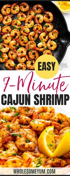 the recipe for cajun shrimp with lemons and parsley is shown in this collage