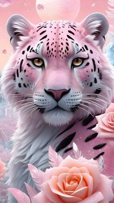 a white tiger surrounded by pink roses