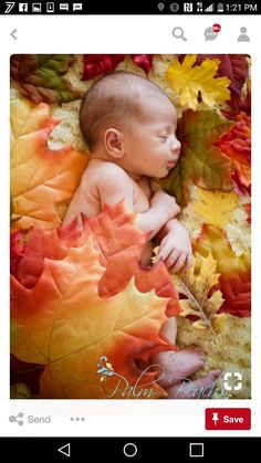 a baby is laying down with autumn leaves on it's back and his eyes are closed