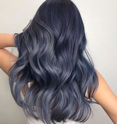 Grey Blue Ombre Hair, Smokey Blue Balayage, Brown And Ash Grey Hair, Blueish Grey Hair, Ashy Blue Hair Balayage, Smokey Navy Hair, Dark Gray Blue Hair, Blue Ash Hair Color, Dark Blue Grey Hair