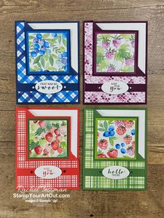 four different cards with flowers on them and the words sweet are in white, green, blue