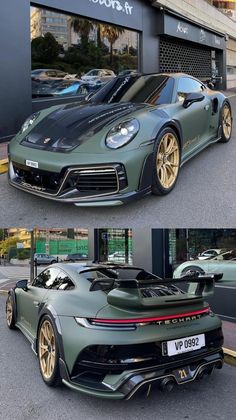 two pictures of a green sports car parked in front of a building with gold rims