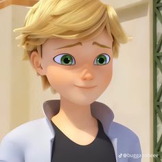 a cartoon boy with blonde hair and green eyes