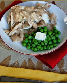 a white plate topped with meat and peas