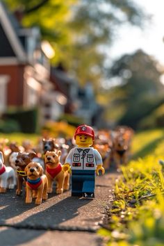 there are many small toy dogs on the road with houses in the backgroud