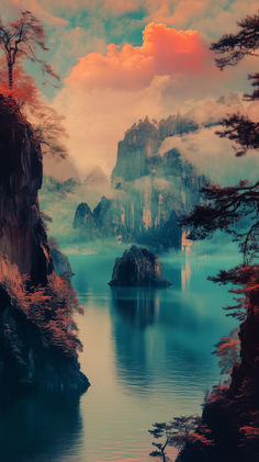 an artistic painting of mountains and water