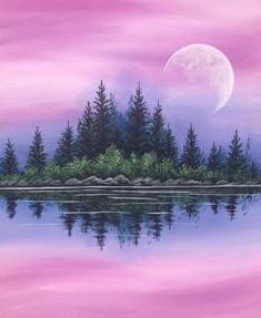 a painting of a moon setting over a lake with trees in the foreground and a pink sky