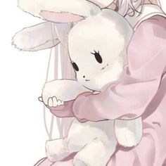 a girl hugging a white bunny with her arms wrapped around her chest and wearing a pink dress