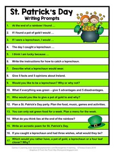 st patrick's day writing worksheet with shamrocks and lepreite