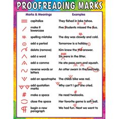 a poster with the words proofreading marks in different colors and font on it