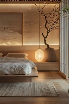 a large bed sitting in a bedroom next to a vase with a tree on it