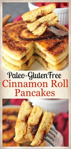 pancakes stacked on top of each other with the words palen - gluten free cinnamon roll pancakes