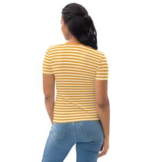 This Orange And White Striped Women's T-shirt is a trendy and stylish addition to any wardrobe. Made from a blend of 95% polyester and 5% elastane, it offers a comfortable and stretchy fit that hugs your curves in all the right places. The vibrant orange and white stripes add a pop of color to your outfit, making it perfect for both casual and dressier occasions. With its regular fit, this t-shirt is versatile and can be paired with jeans, shorts, or skirts for a chic and effortless look. Whether you're heading out for a day of shopping or meeting up with friends, this t-shirt is a must-have for any fashion-forward woman. See more striped clothing + FEATURES + 95% polyester, 5% elastane (fabric composition may vary by 1%) Premium knit mid-weight jersey Four-way stretch fabric that stretche Striped Clothing, Elastane Fabric, Outfit Making, Sport Bh, Vibrant Orange, Orange White, Jeans Shorts, White Stripe, Stretch Fabric