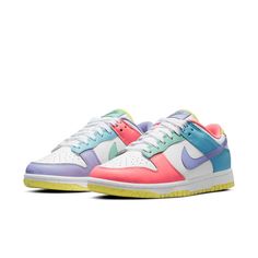 This Nike Dunk Low "Easter" is dressed in a Green Glow, Sunset Pulse, and White color hue. It features White leather across the base while various pastel shades land on the overlays. At the bottom, each is completed by a white midsole and a yellow outsole with red and blue flecked detailing. SKU: DD1872-100 Release Date: Spring 2021 Color: White/Green Glow-Sunset Pulse Candy Dunks, Nike Dunk Low Easter, Dunks Shoes, Shoes Aesthetic, Jordan 11 Retro Low, Nike Models, Womens Air Jordans, Easter Candy, Air Jordan 6