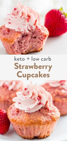 keto and low carb strawberry cupcakes on a plate with strawberries