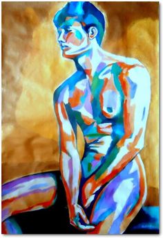 a painting of a naked man sitting on a chair with his legs crossed and hands behind him