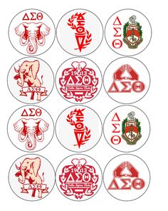 twelve zodiac signs in red and white with symbols on the front, from left to right