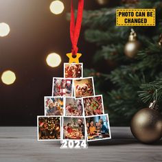 a christmas tree ornament with photos hanging from it's sides and a red ribbon