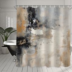 a shower curtain with an abstract painting on it in a white and black bathroom setting