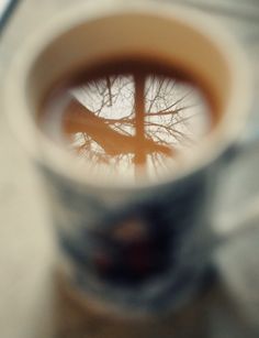 a cup of coffee with the reflection of a tree in it's bottom half