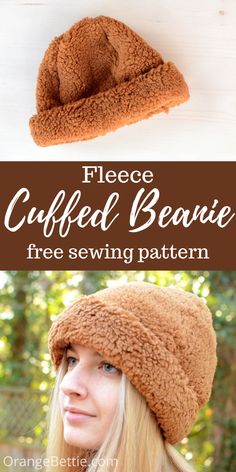 a woman wearing a brown hat with the words fleece cuffed beanie free sewing pattern