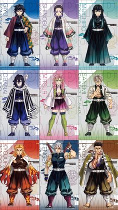 anime characters with different outfits and hair colors in the same image, each showing their own character