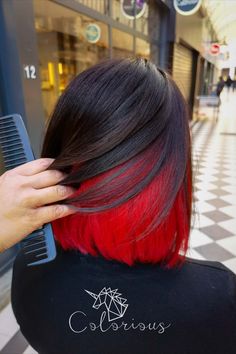 Red Hair Underdye, Red Hair Color For Short Hair, Short Hair With Red Underneath, Red Hair On Top Black Underneath, Red Hair Under Black, Red Hair Under, Underhair Dye Red, Black Under Red Hair, Red Undercut Hair