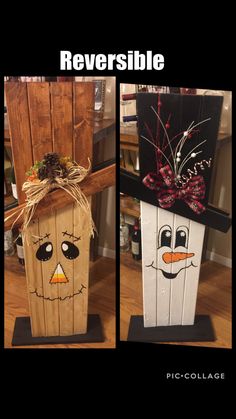 two wooden pumpkins decorated to look like jack - o - lantern faces with bows