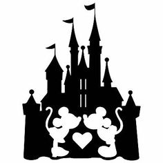 the silhouette of mickey and minnie mouse in front of a castle with hearts on it