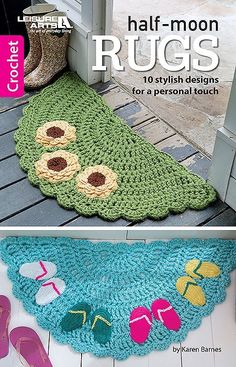 crocheted rugs with flowers and sandals on the floor