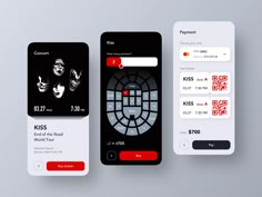 three smartphones displaying different types of credit cards, one with an image of kiss on it